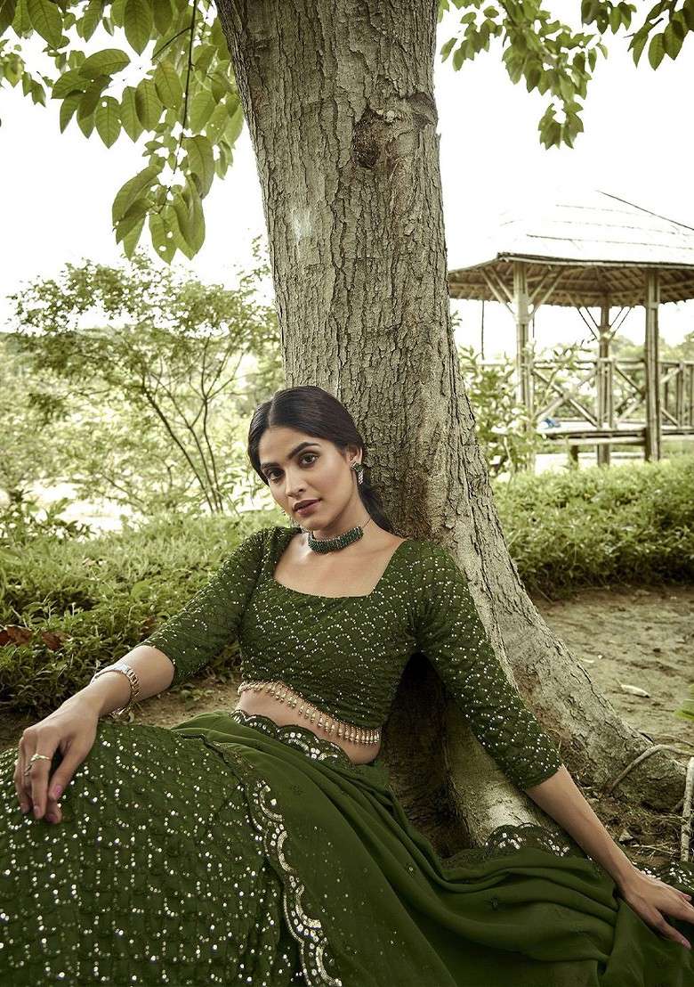 Green Emboridered Blended Lehenga Choli - Indya