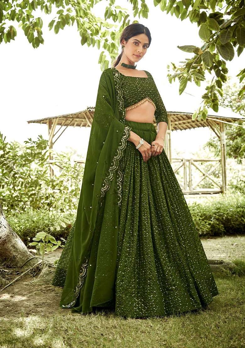 Green Emboridered Blended Lehenga Choli - Indya