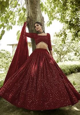 Red Emboridered Blended Lehenga Choli
