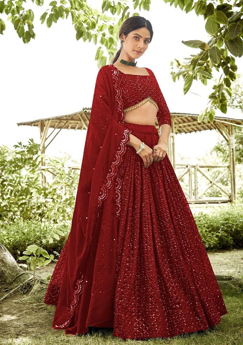 Red Emboridered Blended Lehenga Choli - Indya