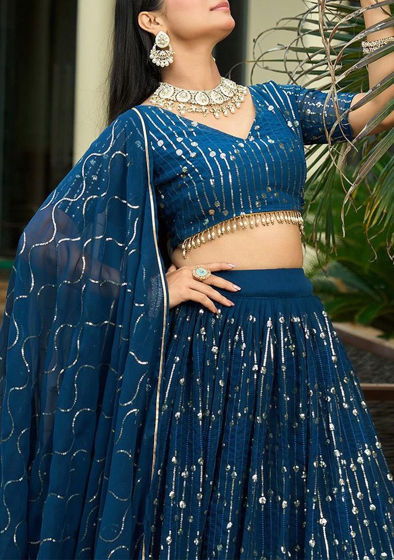 Turquoise Blue Emboridered Blended Lehenga Choli - Indya
