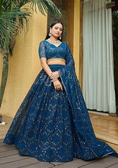 Turquoise Blue Emboridered Blended Lehenga Choli — view on Indya