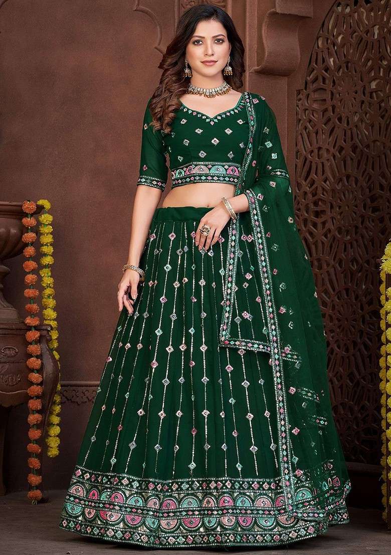 Green Emboridered Blended Lehenga Choli - Indya