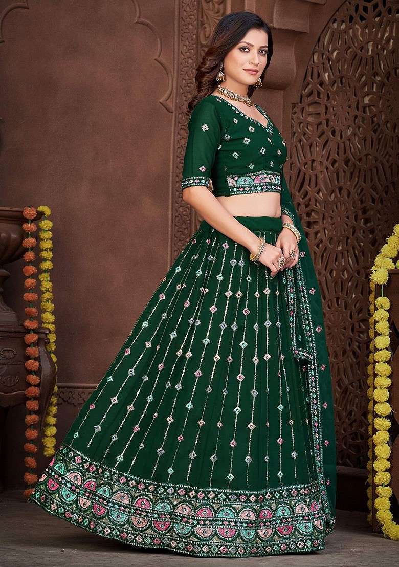 Green Emboridered Blended Lehenga Choli - Indya