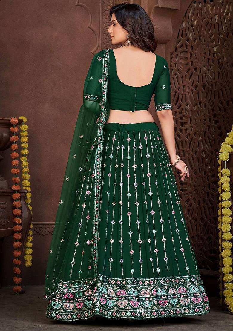 Green Emboridered Blended Lehenga Choli - Indya