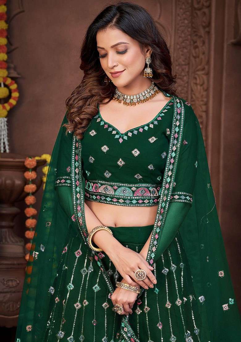 Green Emboridered Blended Lehenga Choli - Indya