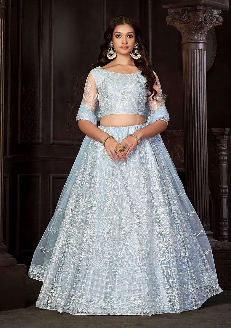 Blue Emboridered Blended Lehenga Choli - Indya