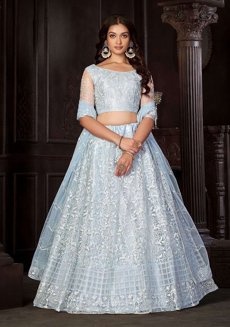 Blue Emboridered Blended Lehenga Choli - Indya