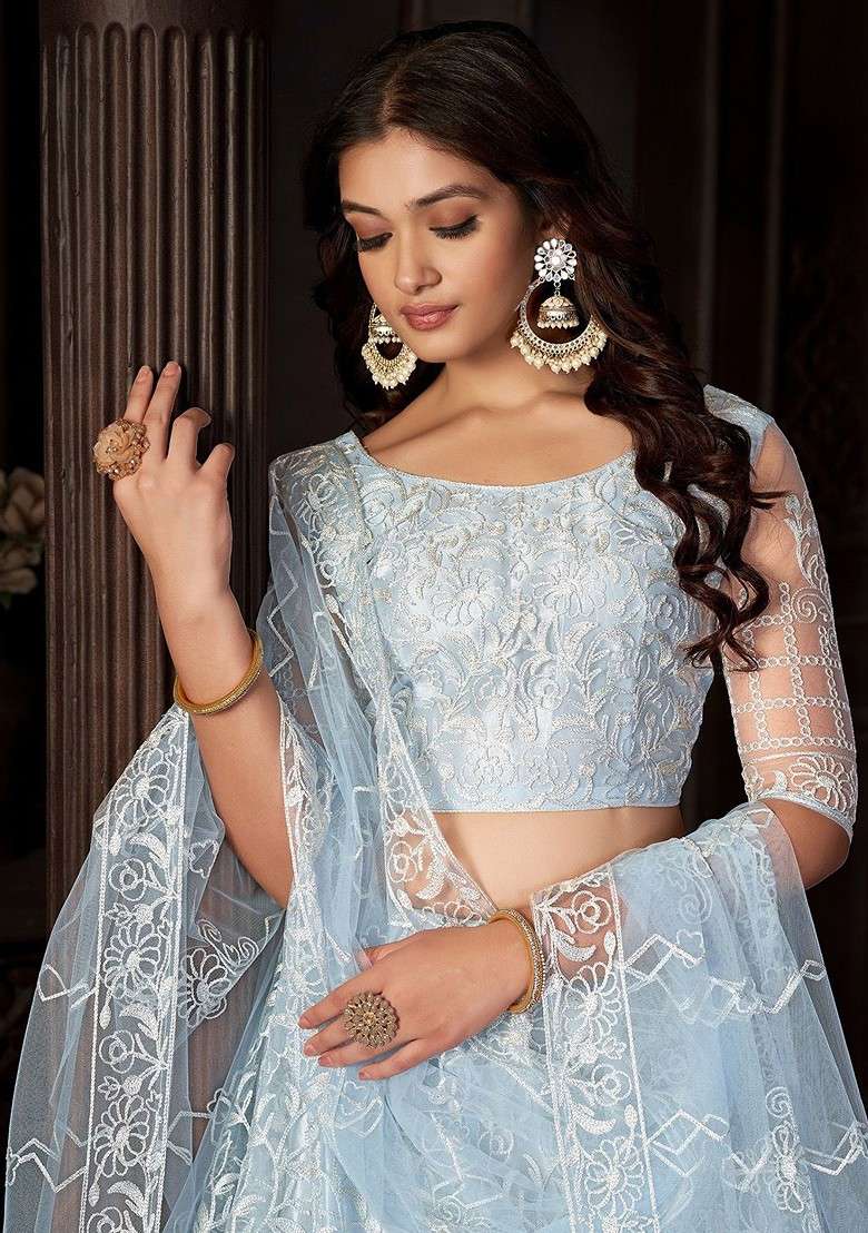 Blue Emboridered Blended Lehenga Choli - Indya