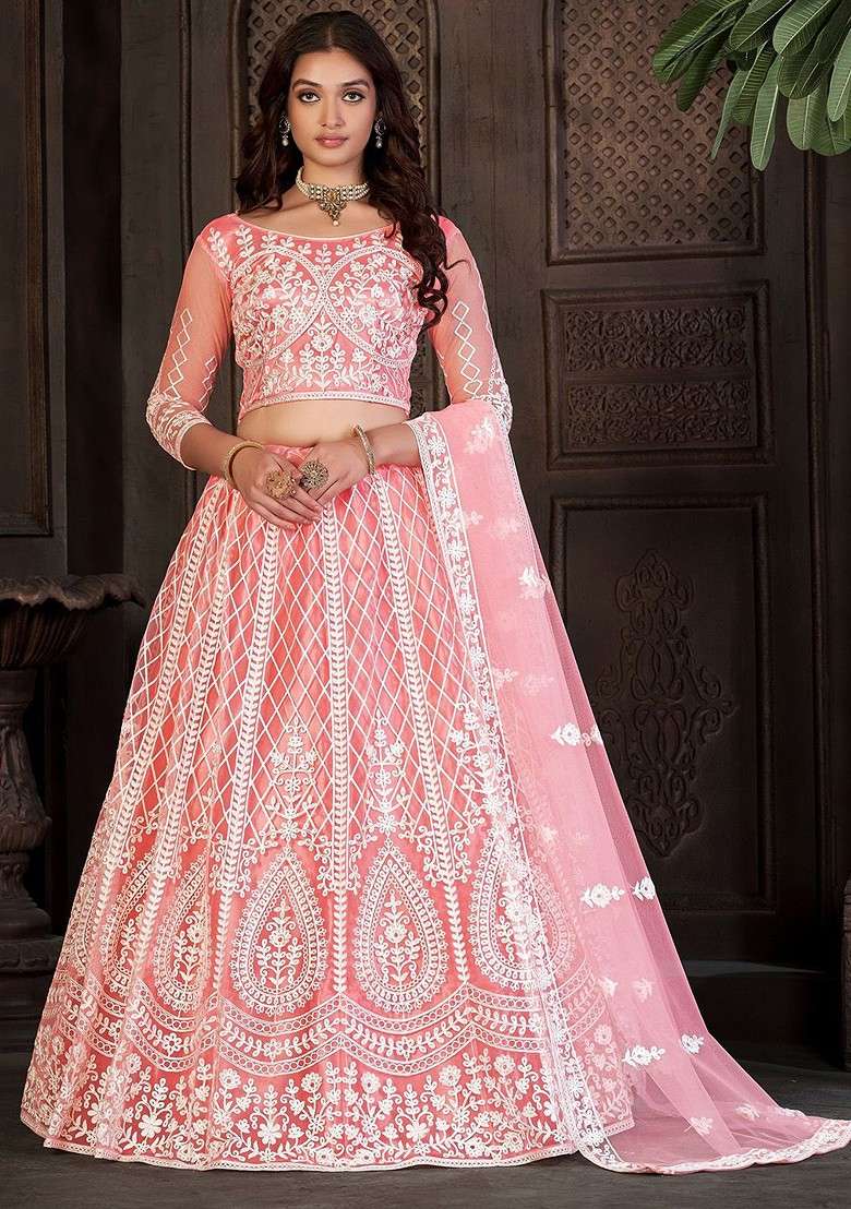 Peach Emboridered Blended Lehenga Choli - Indya