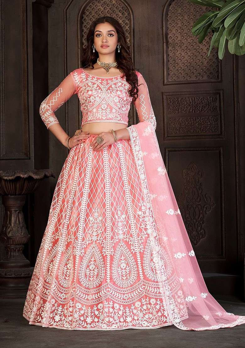 Peach Emboridered Blended Lehenga Choli - Indya