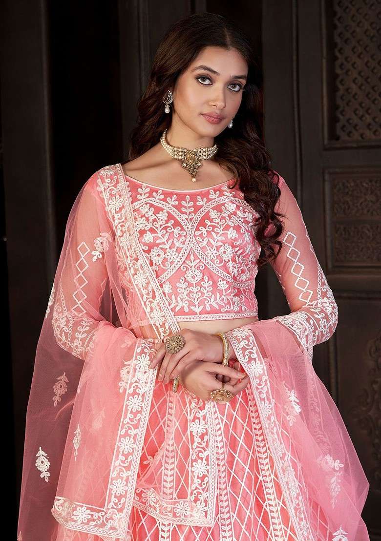 Peach Emboridered Blended Lehenga Choli - Indya