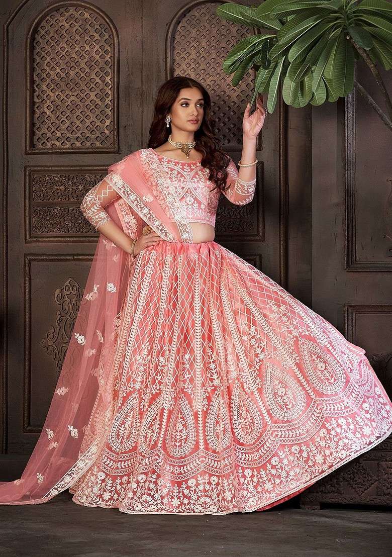 Peach Emboridered Blended Lehenga Choli - Indya