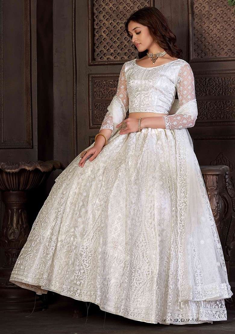 White Emboridered Blended Lehenga Choli - Indya