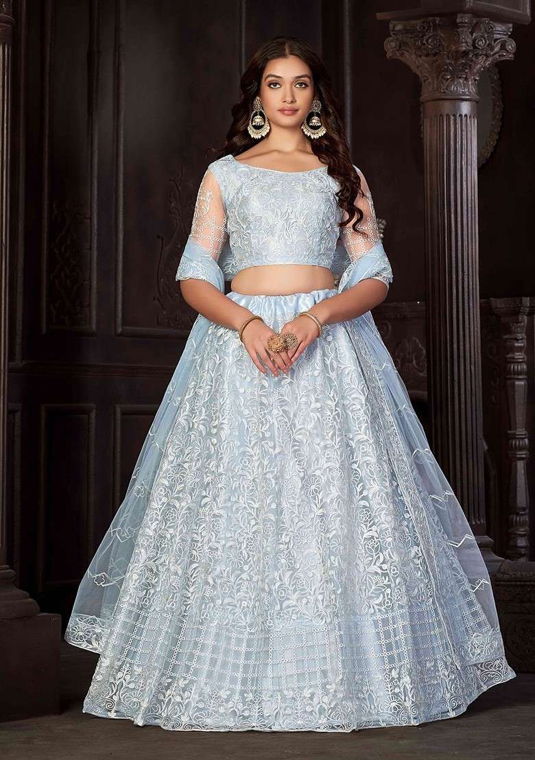 Blue Emboridered Blended Lehenga Choli - Indya