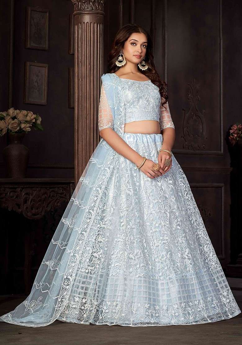 Blue Emboridered Blended Lehenga Choli - Indya