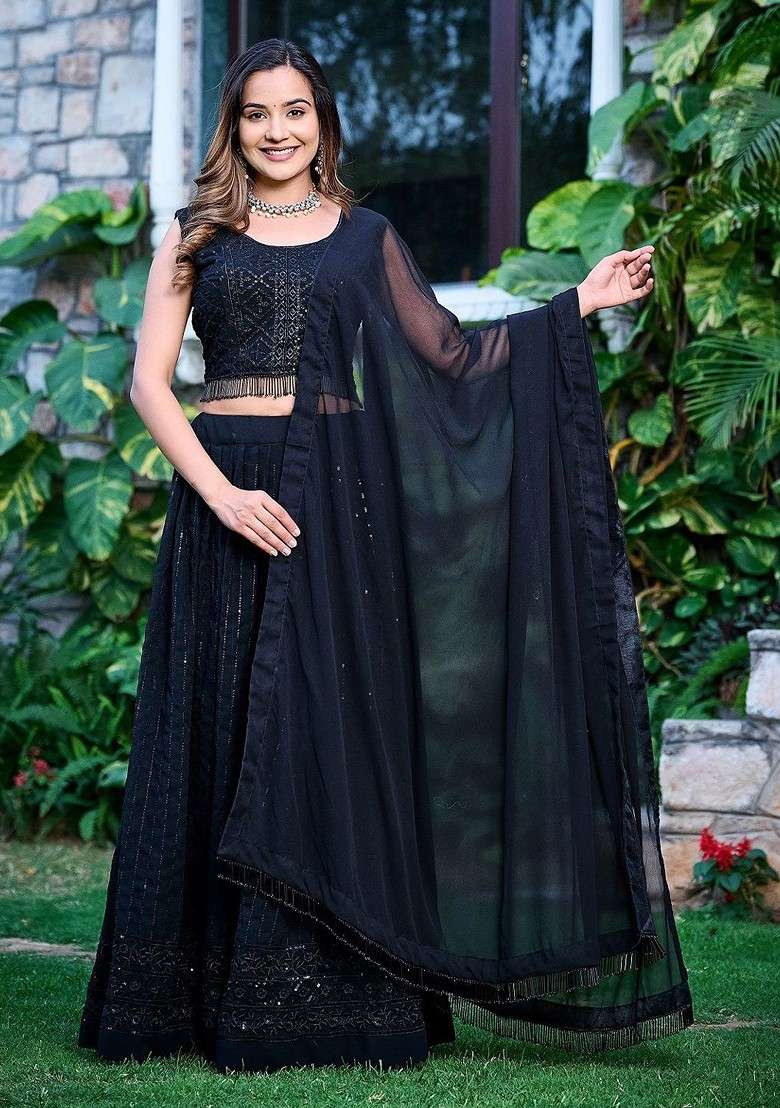 Black Emboridered Blended Lehenga Choli for Diwali and Festive Wear - Indya