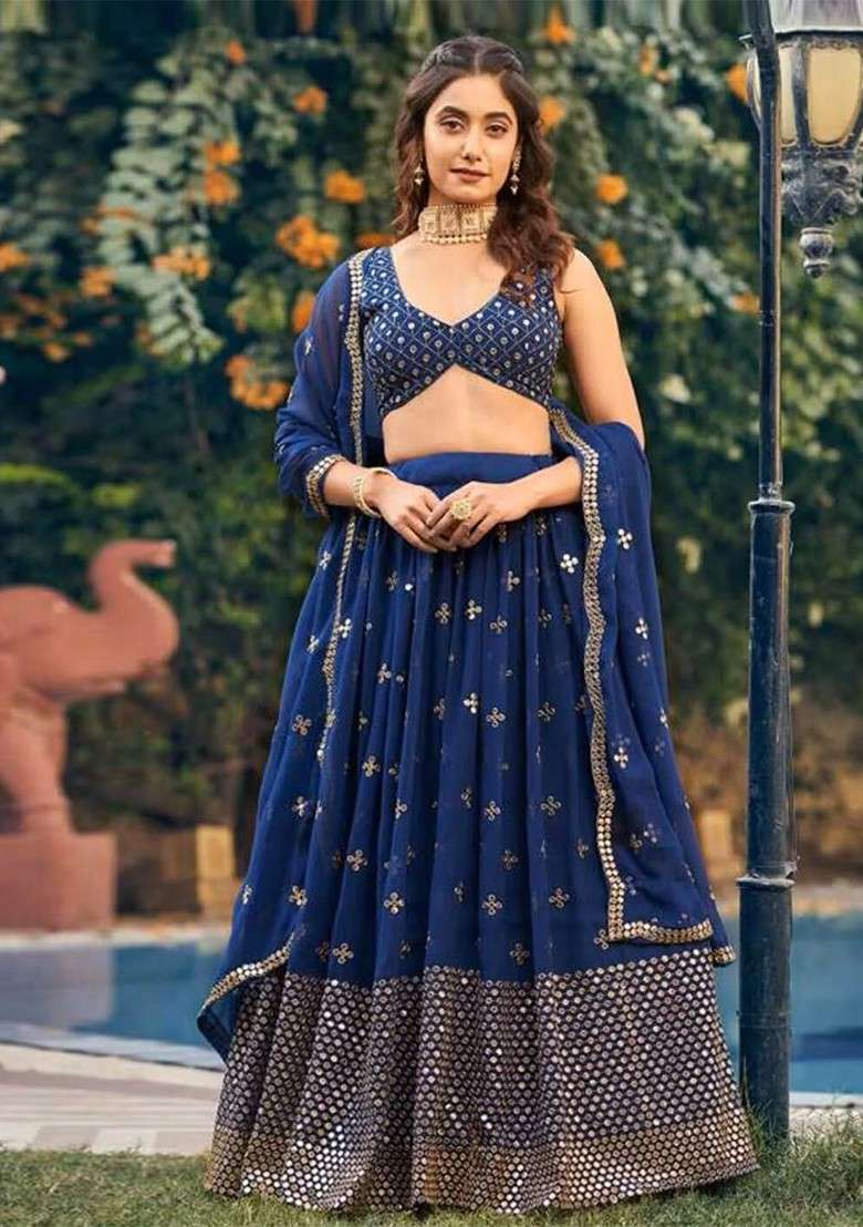 Blue Emboridered Blended Lehenga Choli - Indya