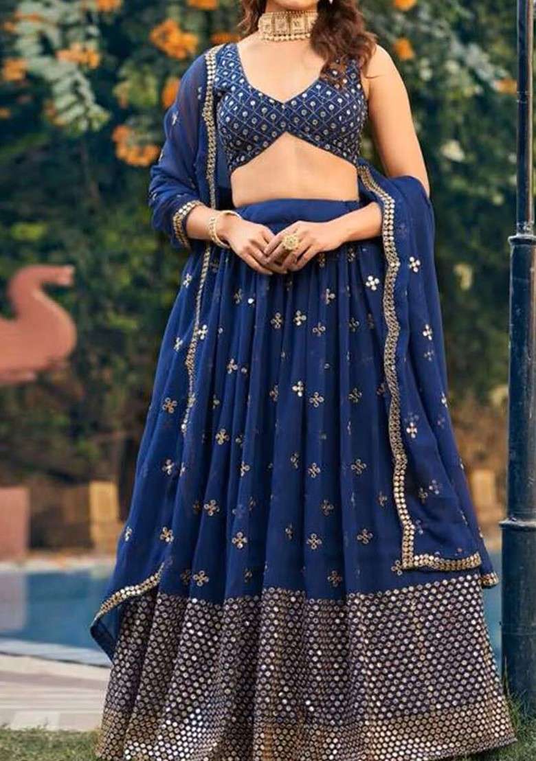 Blue Emboridered Blended Lehenga Choli - Indya