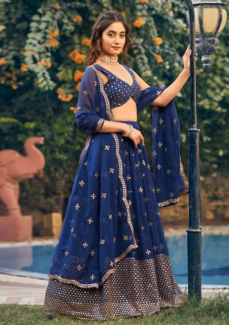 Blue Emboridered Blended Lehenga Choli - Indya