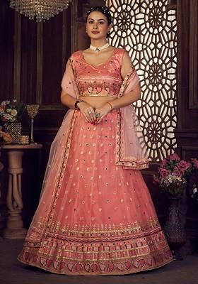 Peach Emboridered Blended Lehenga Choli