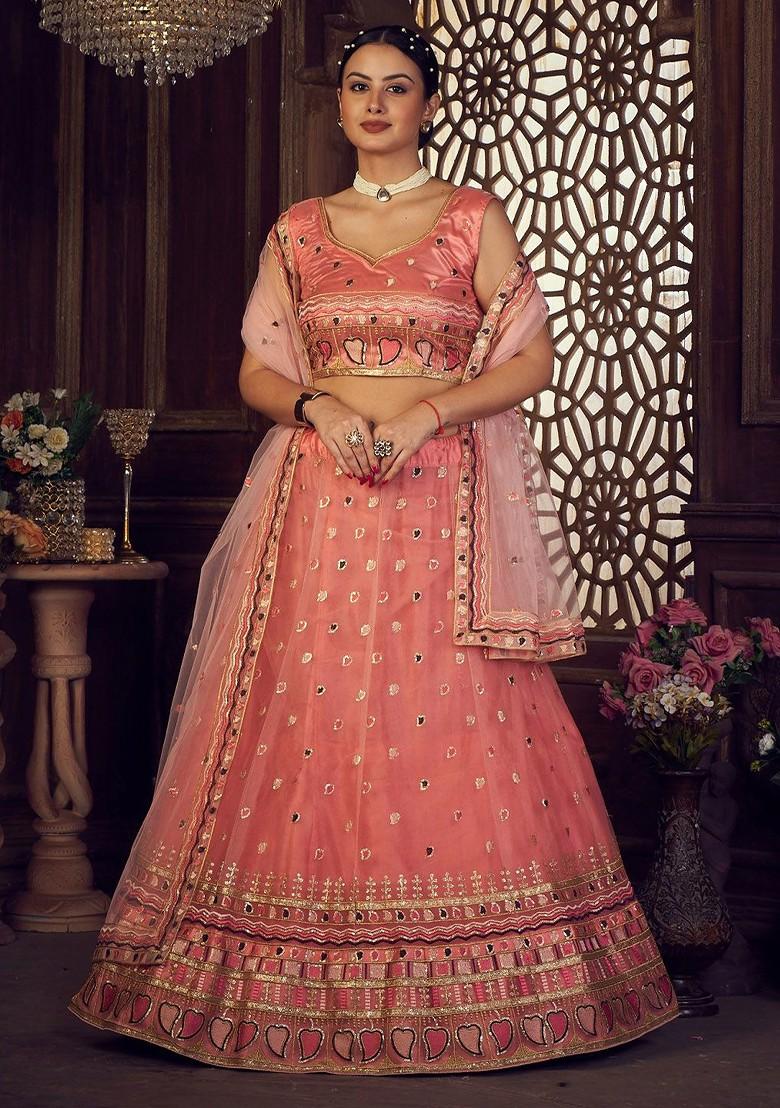 Peach Emboridered Blended Lehenga Choli - Indya