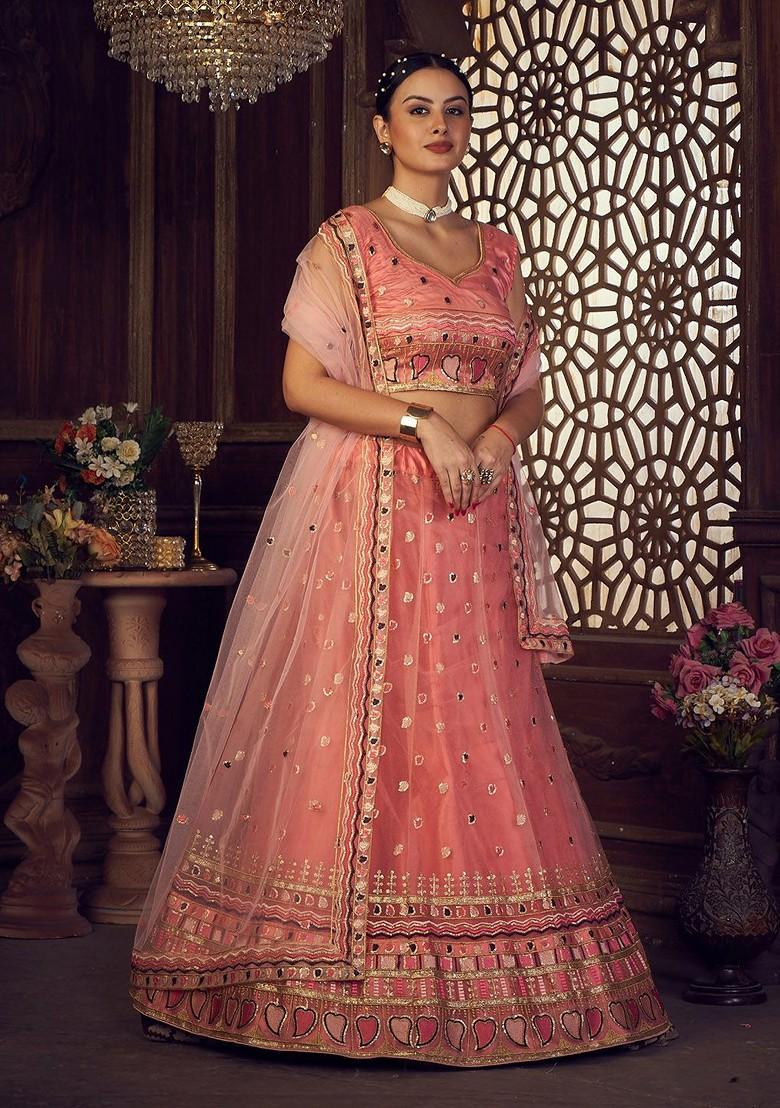 Peach Emboridered Blended Lehenga Choli - Indya