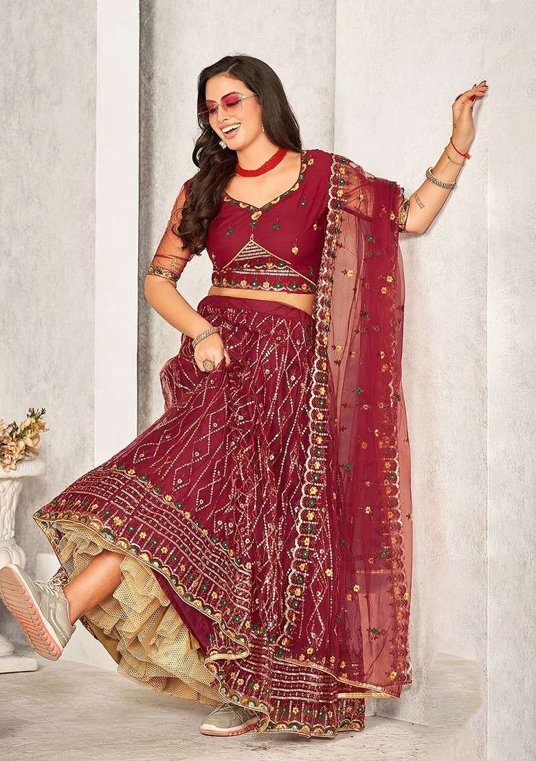 Maroon Emboridered Blended Lehenga Choli - Indya