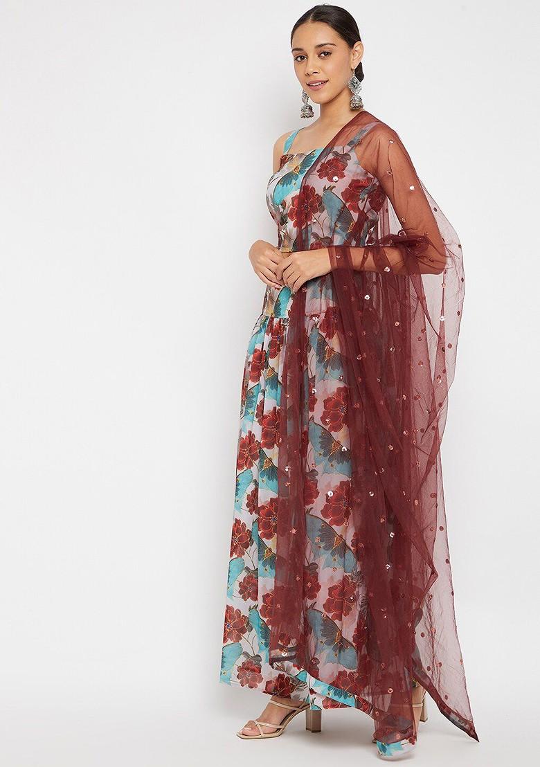 Blue Printed Blended Lehenga Choli