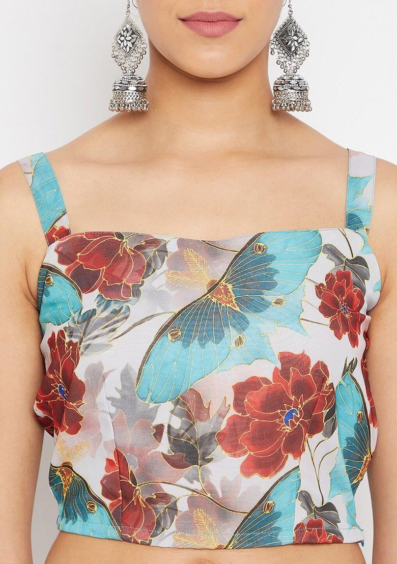 Blue Printed Blended Lehenga Choli - Indya