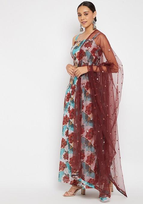 Blue Printed Blended Lehenga Choli