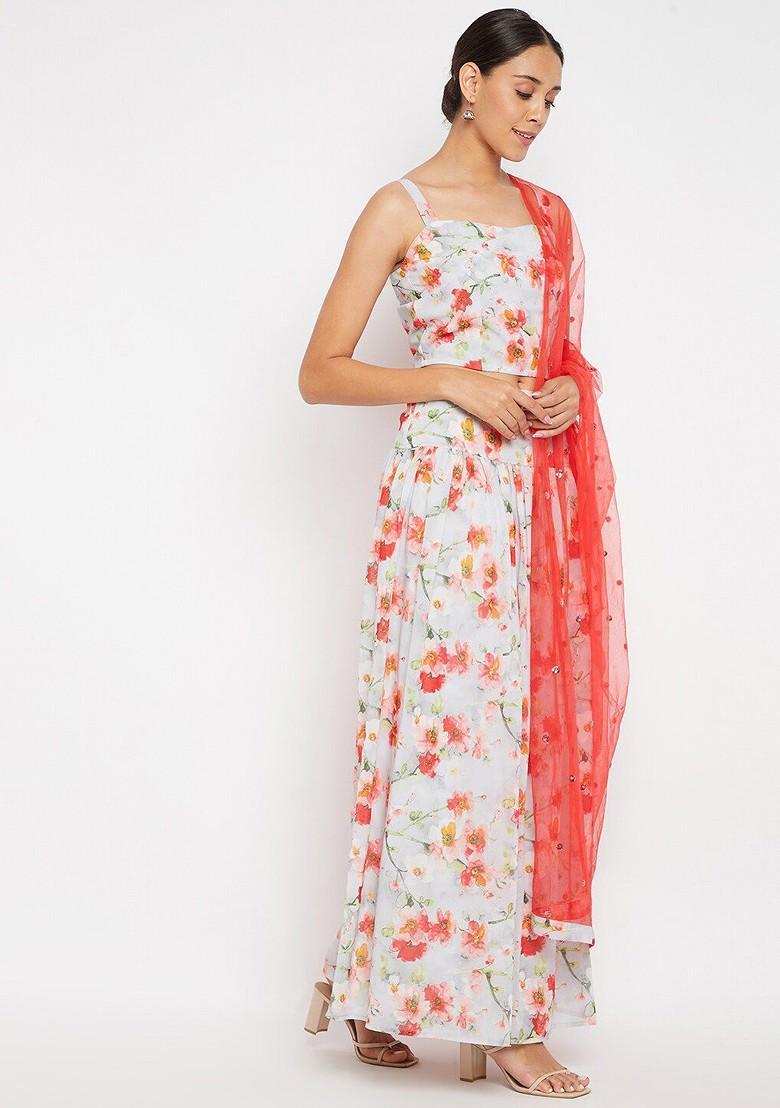 Off White Printed Blended Lehenga Choli