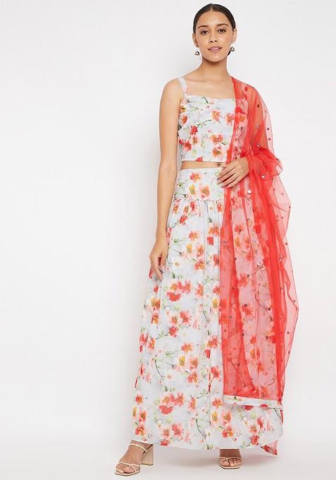 Off White Printed Blended Lehenga Choli