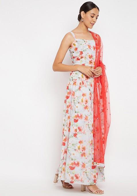 Off White Printed Blended Lehenga Choli