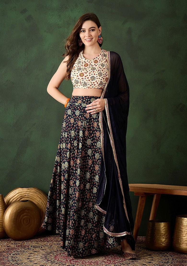 Navy Blue Printed Blended Lehenga Choli