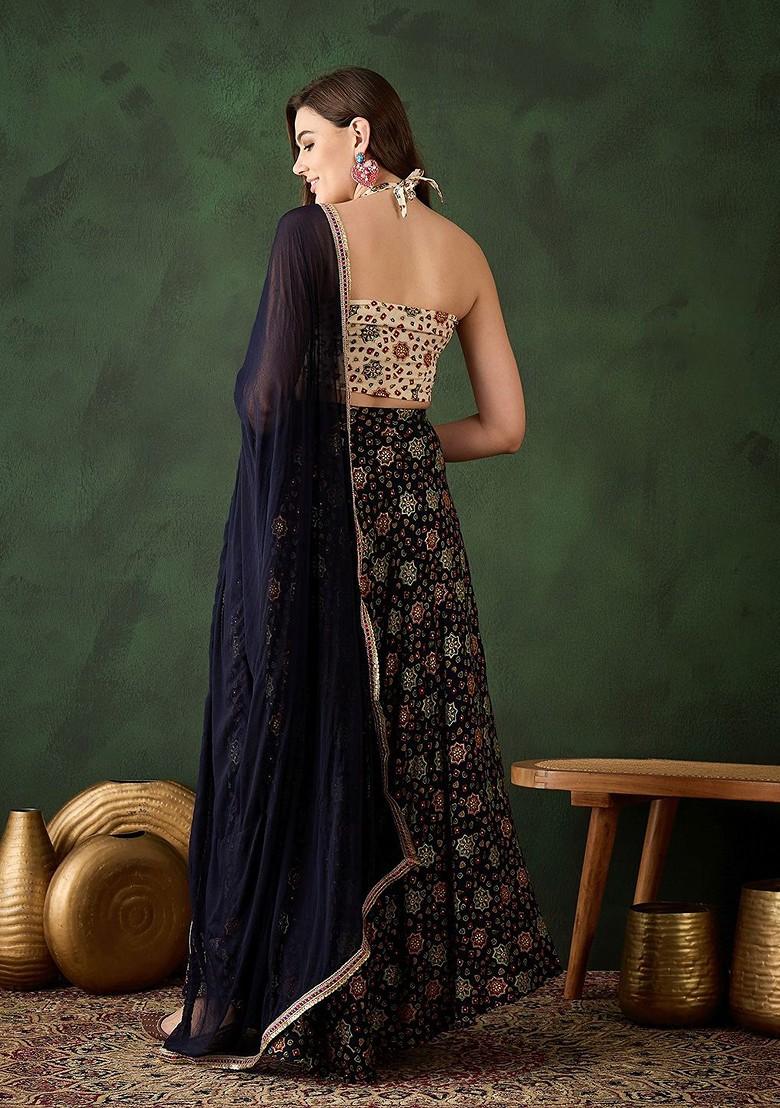Navy Blue Printed Blended Lehenga Choli
