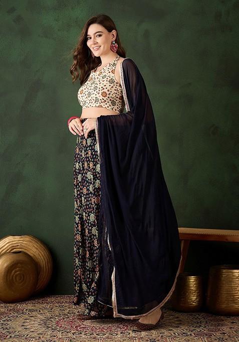 Navy Blue Printed Blended Lehenga Choli