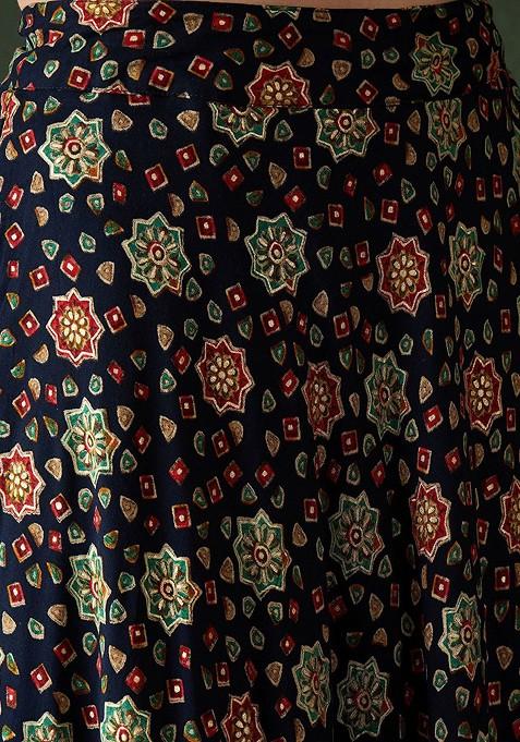 Navy Blue Printed Blended Lehenga Choli