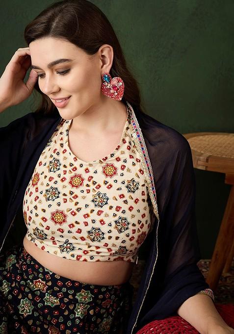 Navy Blue Printed Blended Lehenga Choli