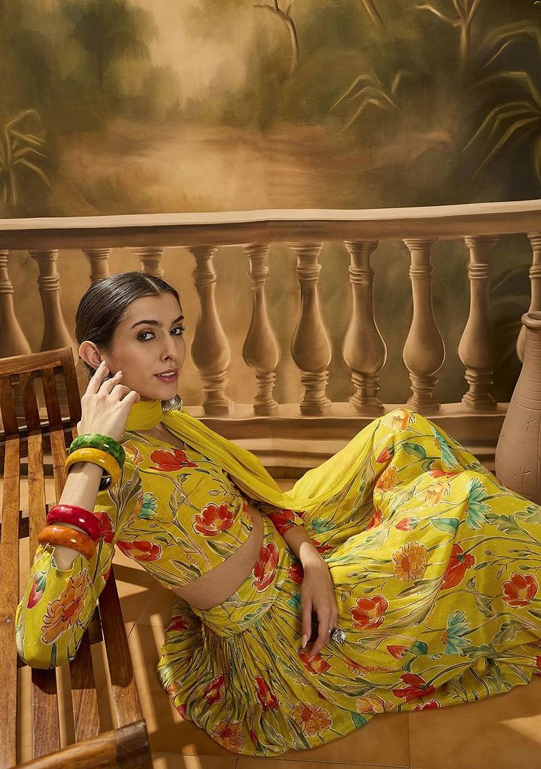 Mustard Printed Blended Lehenga Choli