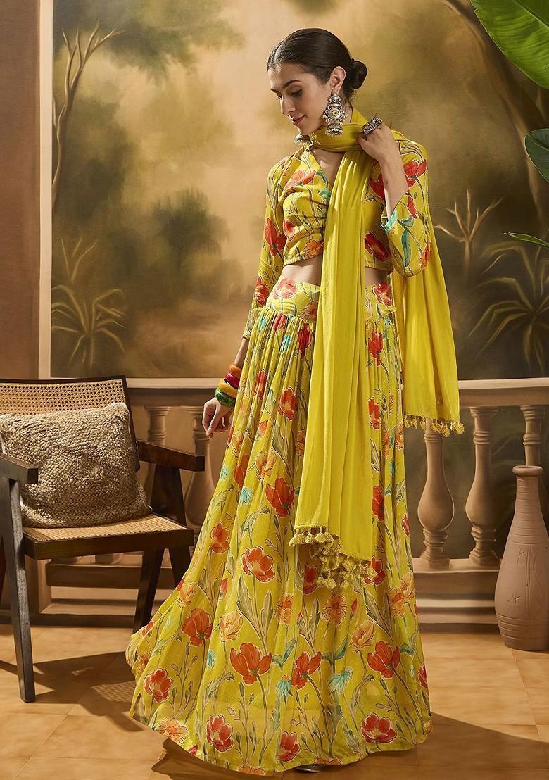Mustard Printed Blended Lehenga Choli