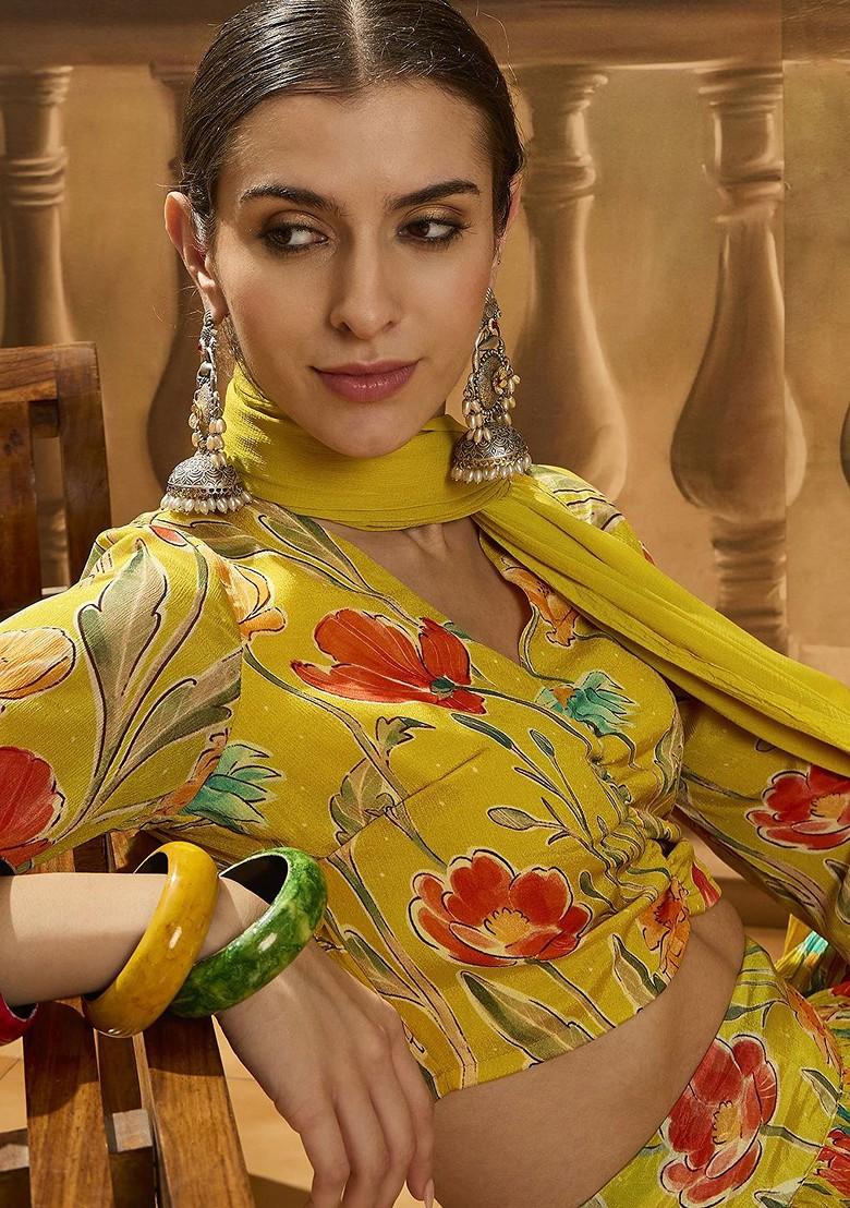 Mustard Printed Blended Lehenga Choli