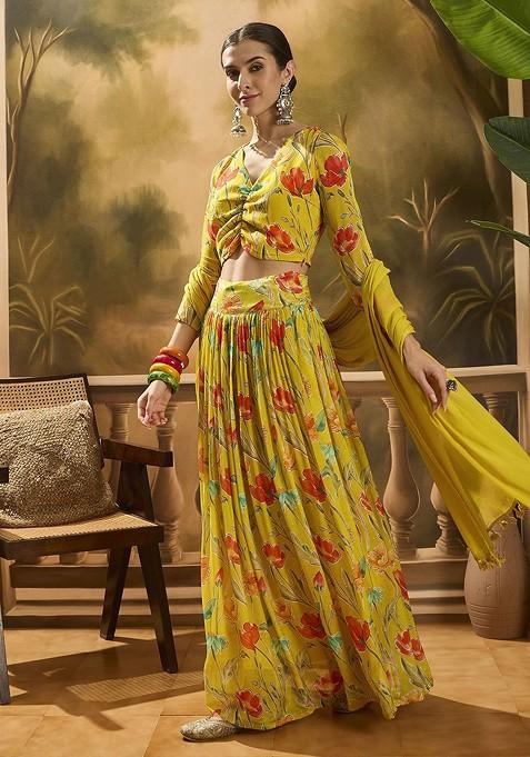 Mustard Printed Blended Lehenga Choli