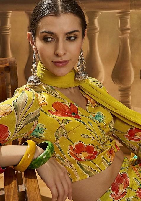 Mustard Printed Blended Lehenga Choli
