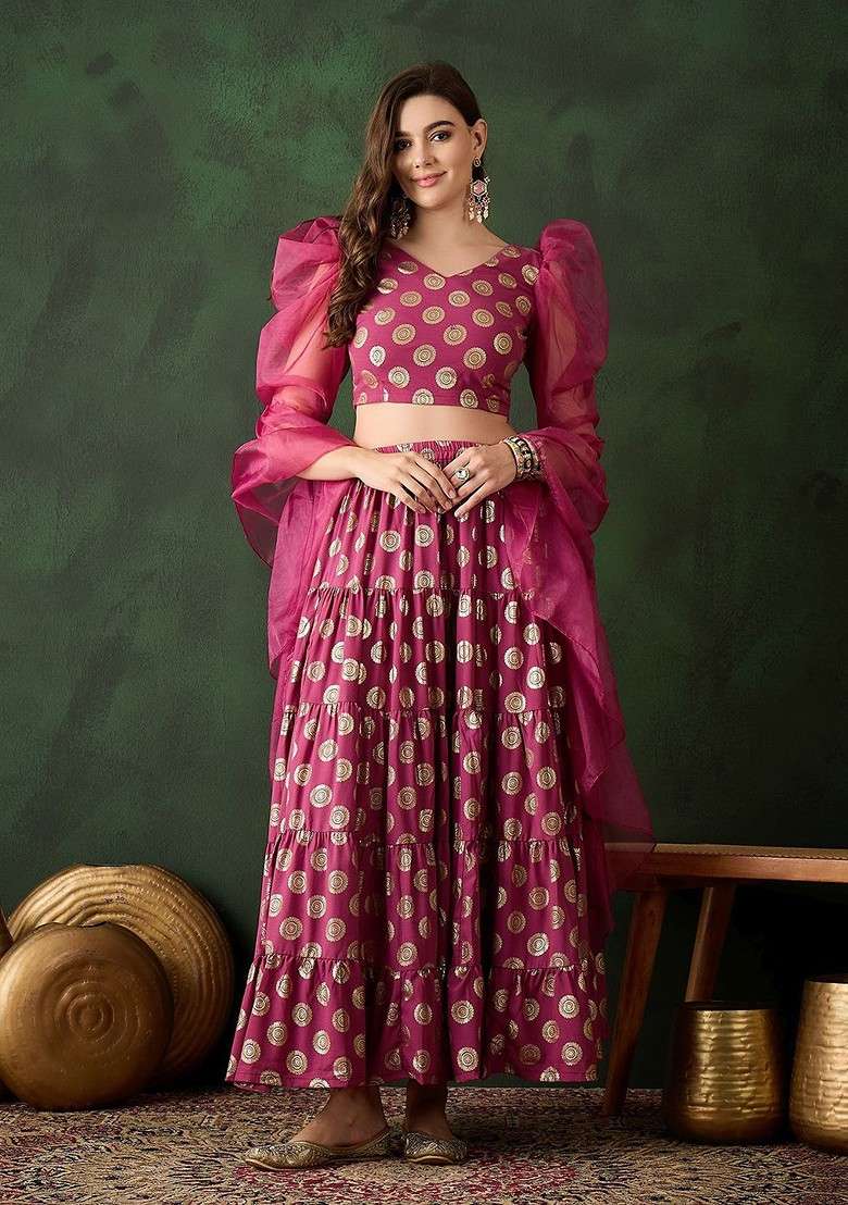 Magenta Printed Blended Lehenga Choli for Diwali and Festive Wear - Indya