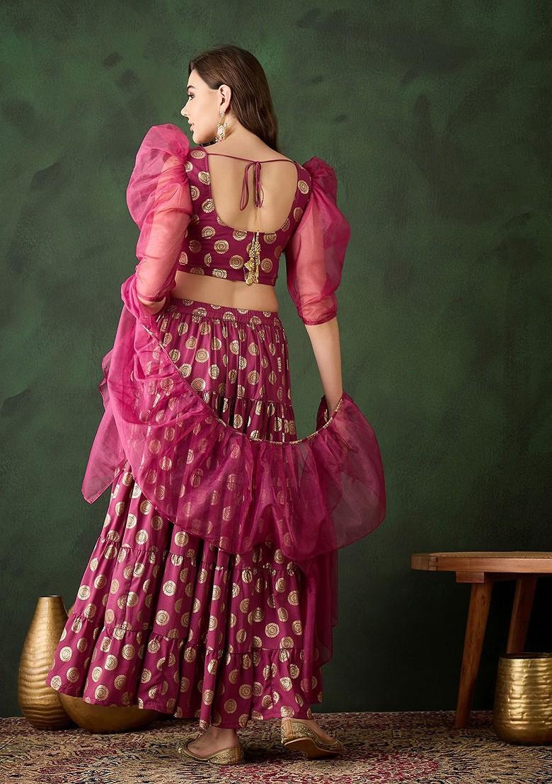 Magenta Printed Blended Lehenga Choli - Indya