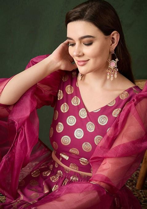 Magenta Printed Blended Lehenga Choli — view on Indya