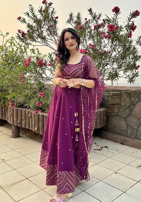 Purple Printed Blended Lehenga Choli