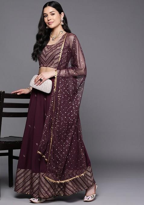 Purple Printed Blended Lehenga Choli