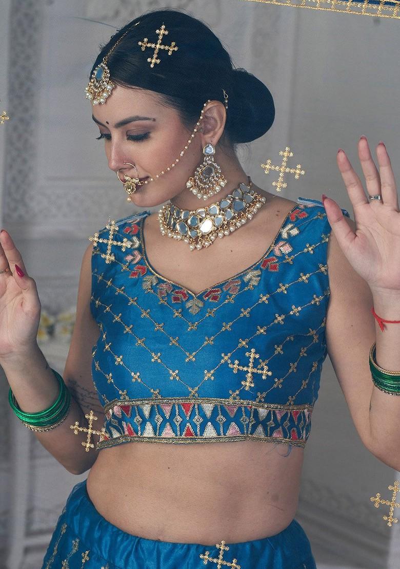 Turquoise Blue Emboridered Blended Lehenga Choli - Indya